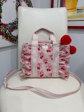 Betsey Johnson Pink/White Cherry ❤️Ruffle Crossbody Bag with Red Pom Poms